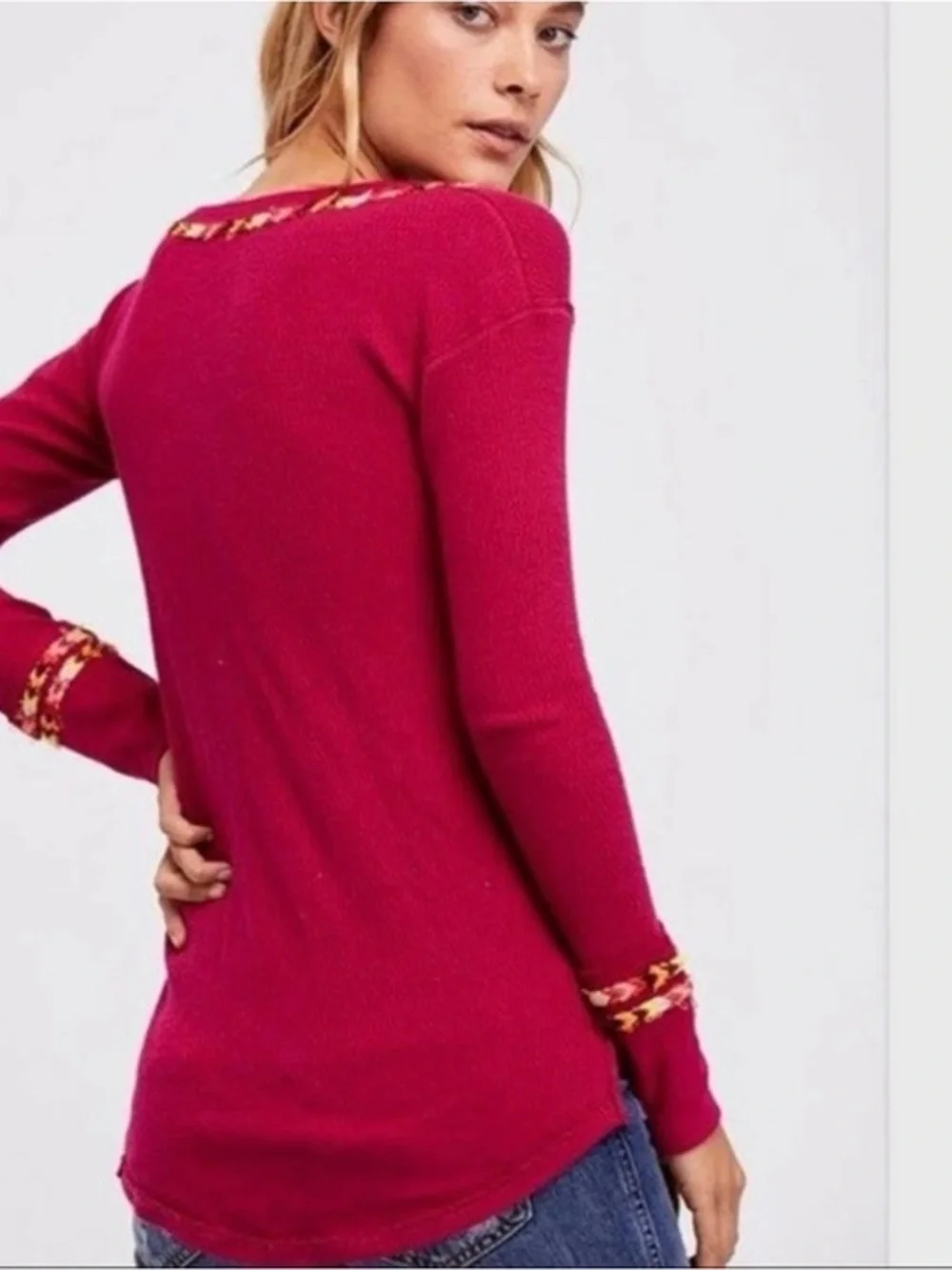 Free People Tribal Rainbow Henley Embroidered Thermal Long Sleeve Tee Size Large